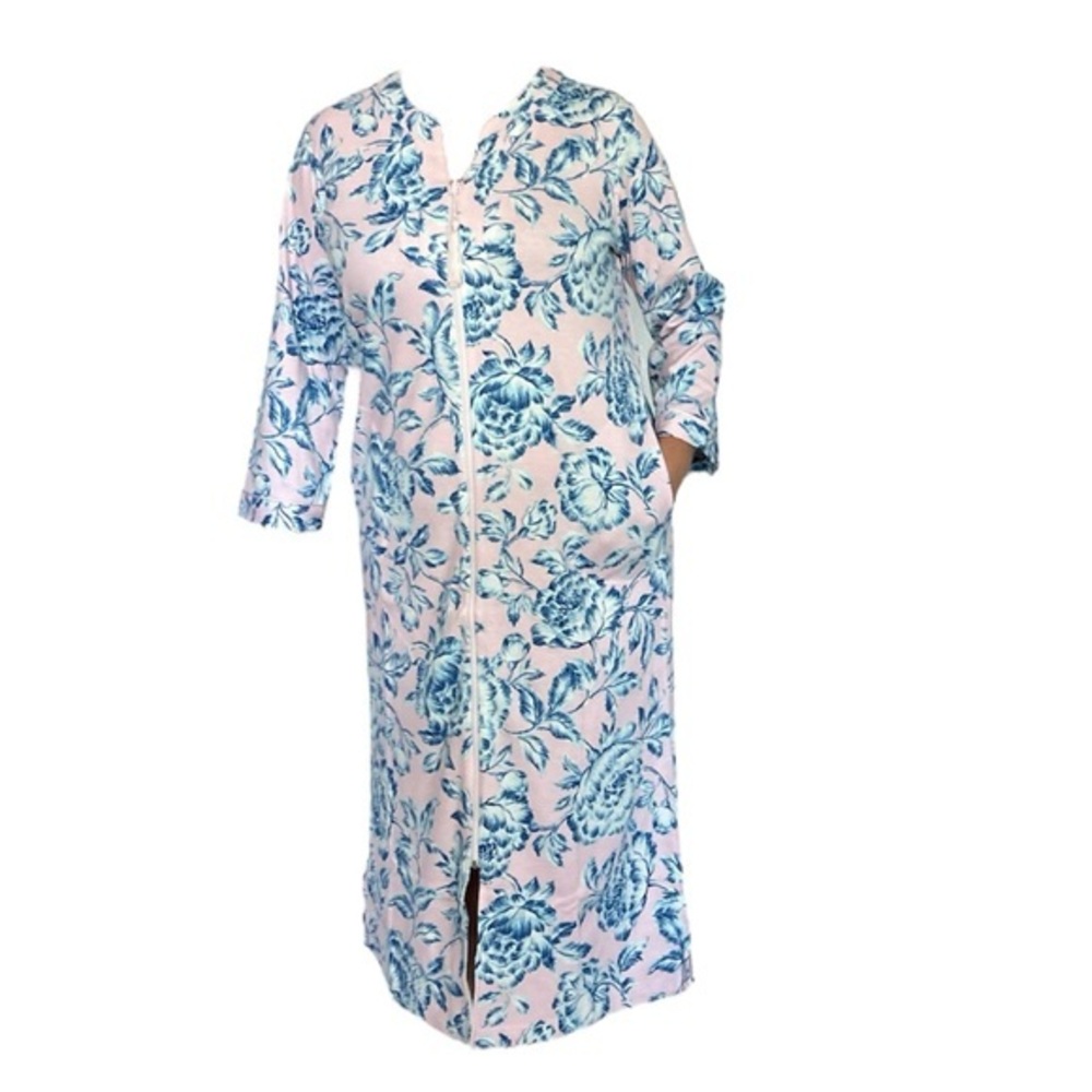 Miss Elaine Interknit Long Zip Robe, Blue/Pink, Small